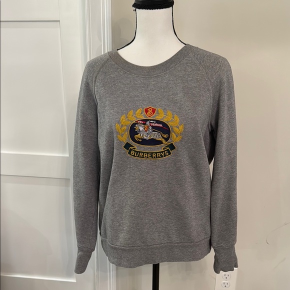 Burberry Gray Crew Neck Sweater with Signature Emblem - Picture 1 of 5